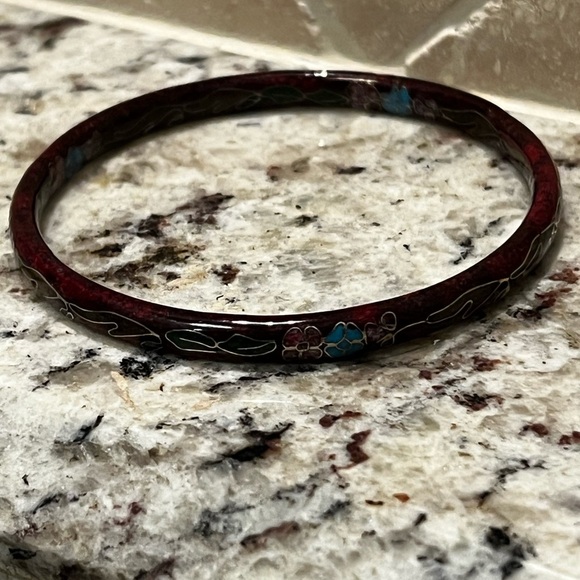 Elegant Red Cloisonné Floral Bangle Enamel Vintage Bracelet - Picture 4 of 7